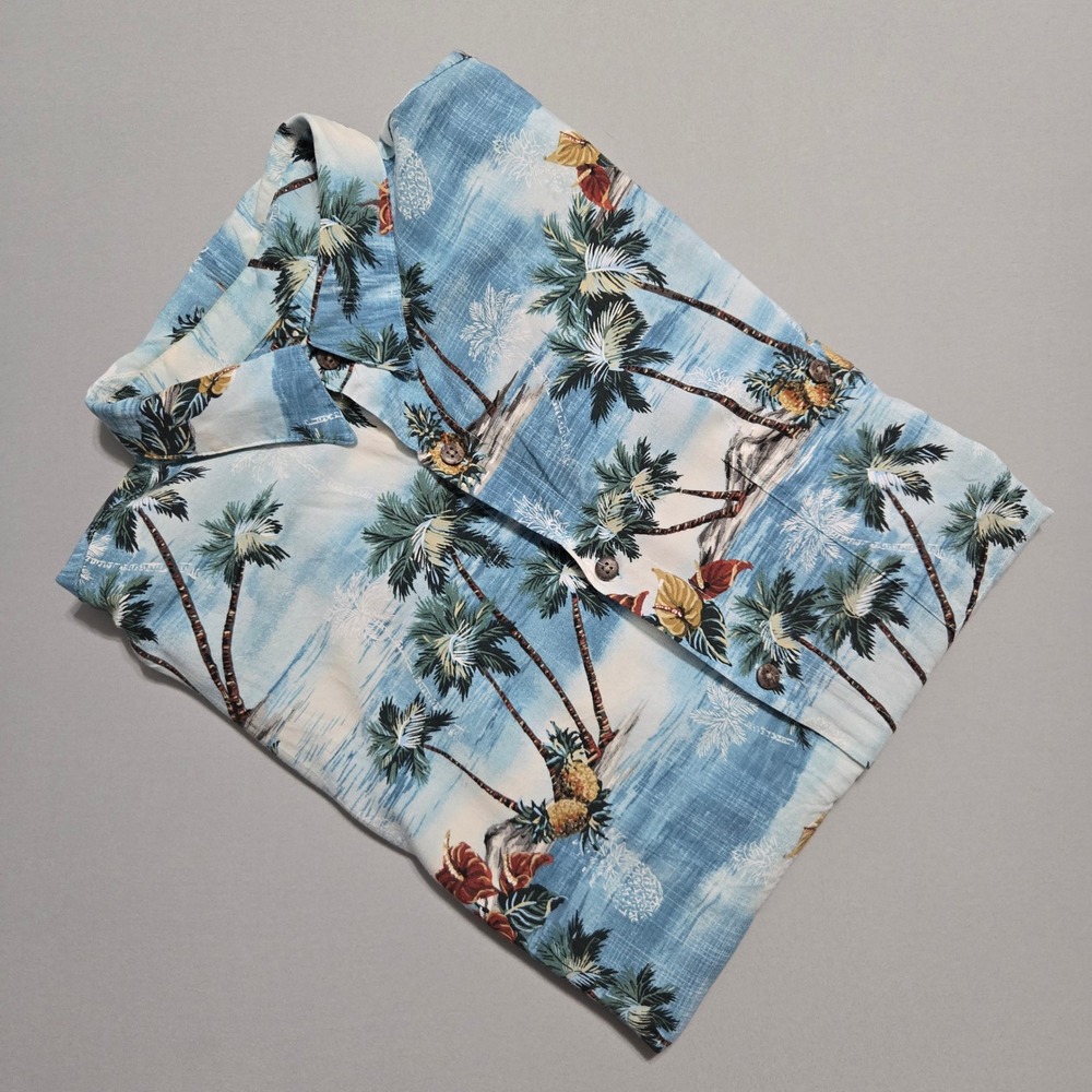 Island Shores Hawaiian Shirt Mens XL Tropical Palm Tree Camp Button Up Rayon